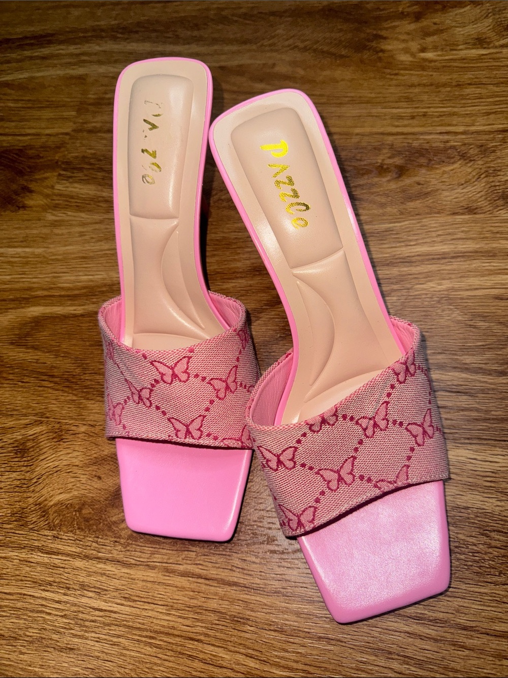 Pink Butterfly-Print Slide Heels 10